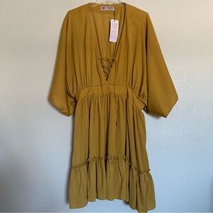 Southern Fried Chics Boho V Neck Ruffle Hem Dress Yellow XXL